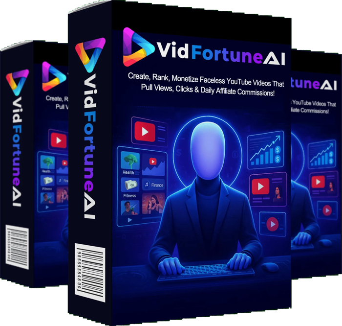 VidFortune AI software box art — AI tool for high CPM YouTube niches and faceless video creation